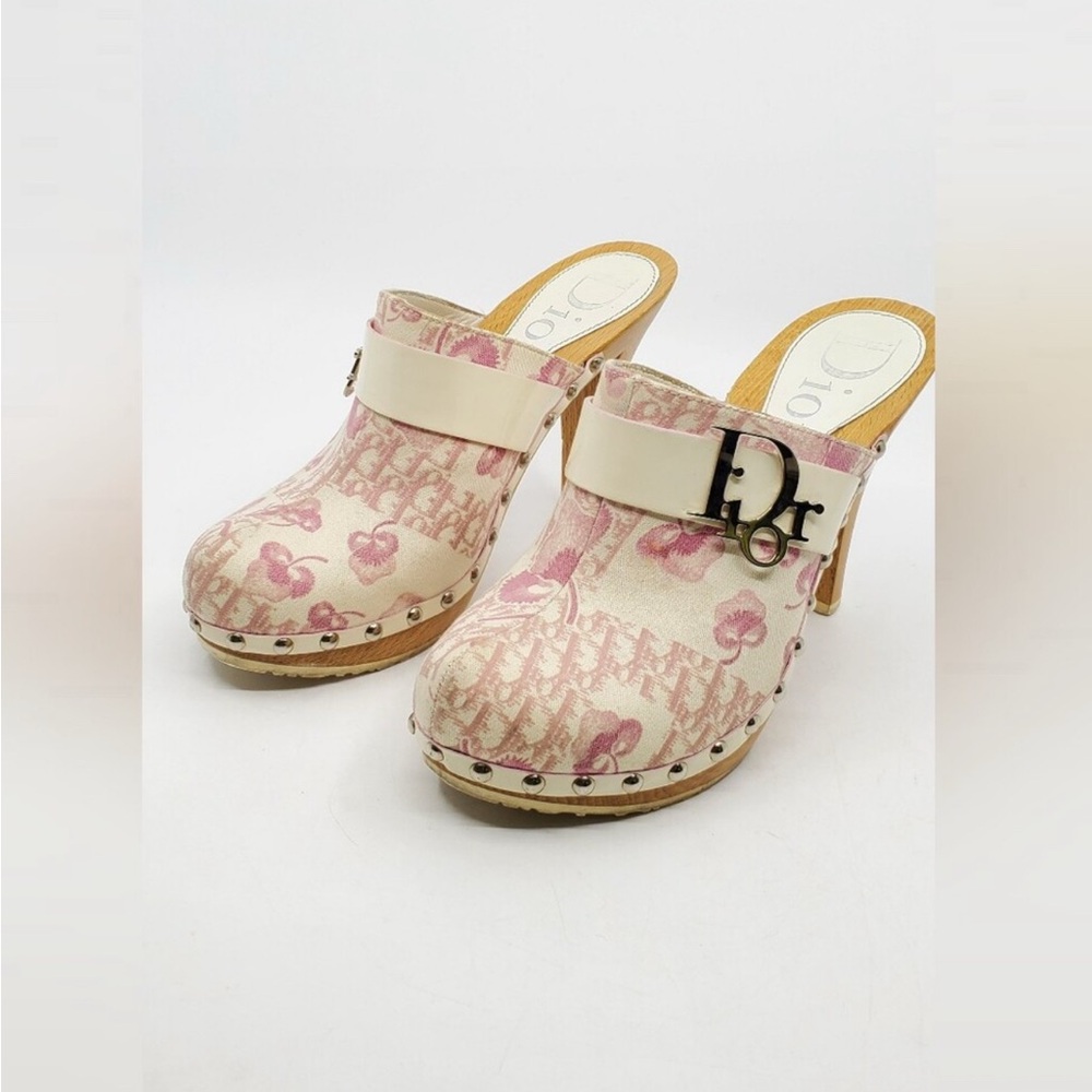 Dior Pink Floral Canvas Clog Mules with Cream Strap and Signature 'D' Charm